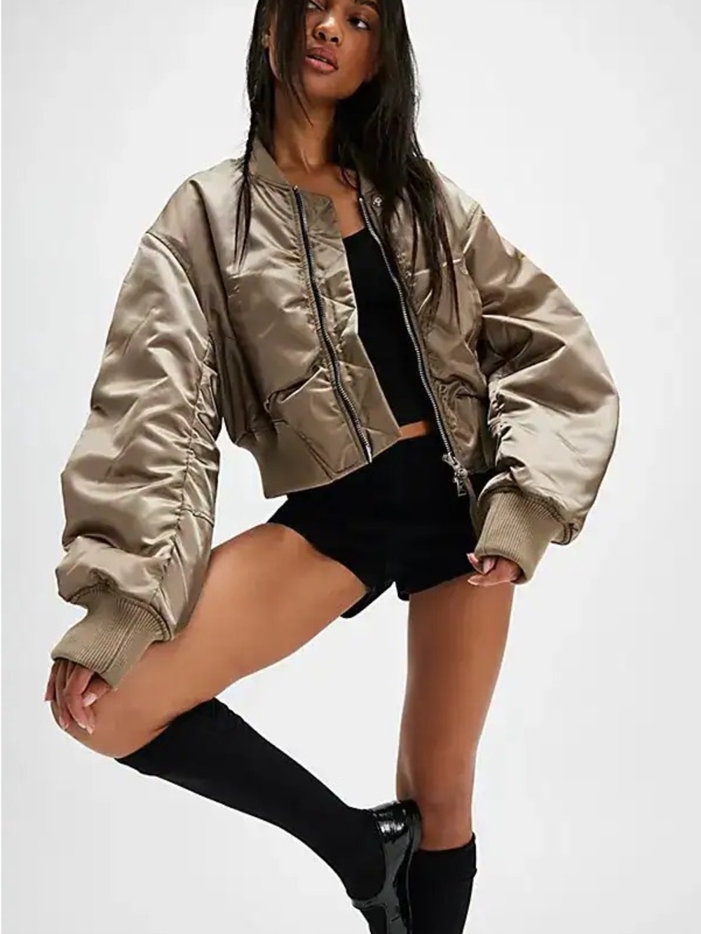 Agolde Cropped Satin Jett Bomber Jacket